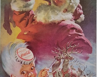 1949 Coca Cola Christmas Ad: Vintage Santa Claus Wall Art, Coke Holiday Kitchen Decor