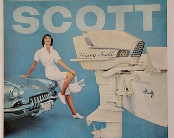 1959 Flying Scott Outboard Boat Motor  Vintage Advertisement Man Cave Wall Art Fisherman Gift Boating Magazine Print Ad Gift for Him Pin Up