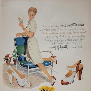 Publicité vintage de chaussures Croix-Rouge de 1947, art mural de chambre à coucher, décoration de mode pour femmes, boutique déco, publicité pour un magazine, publicité pour chaussures vintage d&#39;art unique