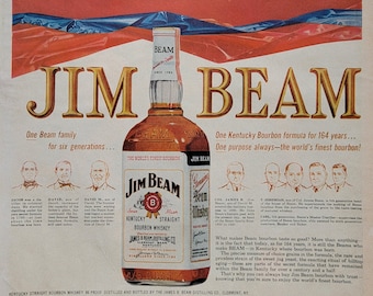 May include: A vintage advertisement for Jim Beam bourbon whiskey. The ad features a bottle of Jim Beam bourbon, a red, white, and blue American flag, and a family portrait of six generations of the Beam family. The text reads "Worthy of Your Trust" and "One Kentucky Bourbon formula for 164 years... One purpose always - the world's finest bourbon!"
