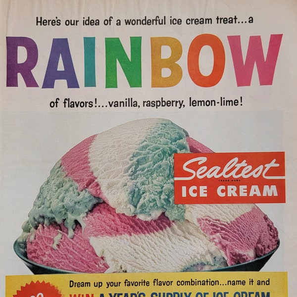 1959 Sealtest Ice Cream Vintage Advertisement Kitchen Wall Art Rainbow Ice Cream Parlor Decor Kitchen Decor Food Art Magazine Ad Unique Art