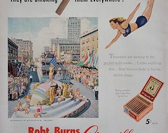 Publicité pour Cigarillos Robt Burns de 1950 : publicité imprimée pour un magazine tabac vintage