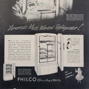 1949 Philco Refrigerator Vintage Advertisement Kitchen Decor Vintage Wall Art Appliance Ad Fridge Ad Magazine Ad Unique Art Black White Art