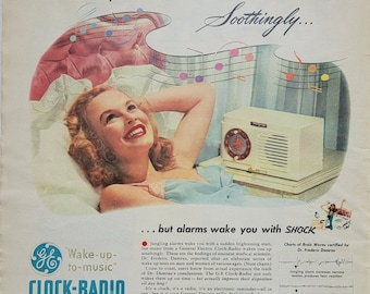 1948 General Electric Clock Radio Vintage Advertisement Bedroom Wall Art Music Room Decor Magazine Print Ad Old Radio Antique Radio