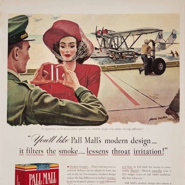 1941 Pall Mall Cigarettes Vintage Advertisement Bar Decor John Falter Art Man Cave Decor Women Smoking Magazine Ad Tobacco Art Unique Art