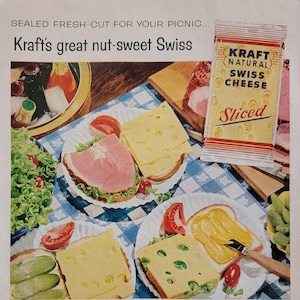 Pubblicità vintage di fette di formaggio svizzero Kraft del 1958, arte murale per cucina, decorazione per sala da pranzo, arredamento per cucina, pubblicità vintage di cibo, pubblicità su rivista, arte unica