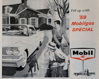 Reklama Mobilgas Vintage z 1959 r. Wystrój samochodu Sztuka ścienna w garażu Dekoracja jaskini człowieka na stacji benzynowej Oryginalny magazyn Reklama drukowana Unikalna sztuka konia
