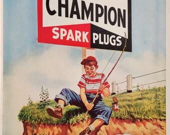 1951 Champion Spark Plugs Vintage Advertisement Automotive Wall Art Garage Decor Man Cave Decor Magazine Print Ad Mechanic Gift Automobilia