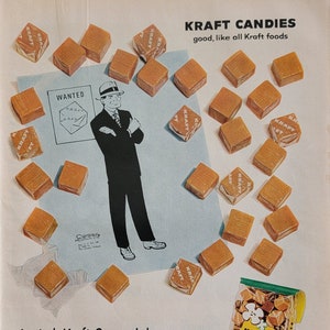 Pubblicità d'epoca di caramelle Kraft Caramels del 1959, decorazione da parete per cucina, decorazione da negozio di caramelle, arredamento da cucina, pubblicità originale per riviste, arte unica, pubblicità di caramelle