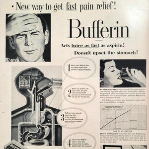 Pubblicità d&#39;epoca del 1952 per l&#39;antidolorifico Bufferin, decorazione murale per bagno, farmacia, clinica medica, pubblicità stampata originale su rivista, materiale medico effimero