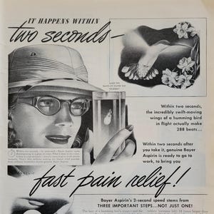 Pubblicità d&#39;epoca dell&#39;aspirina Bayer del 1946, decorazione da parete per il bagno, farmacia, dottore, clinica, pubblicità originale per riviste, medicina, materiale effimero