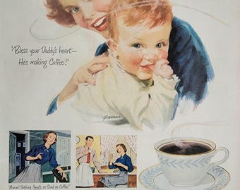 1950 Pan American Coffee Bureau Ad: Vintage Kitchen Cafe Decor Magazine Print Advertisement