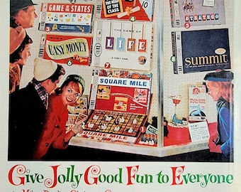 1962 Milton Bradley Games Ad: Vintage Christmas Holiday Decor, Game Room Wall Art
