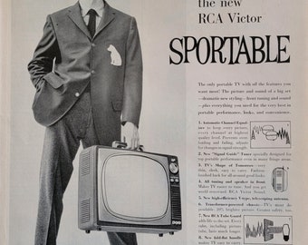 1959 RCA Victor Sportable TV Ad: Man Cave Decor, Television Magazine Print Advertisement