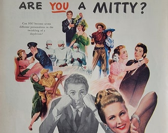 1947 The Secret Life of Walter Mitty Vintage Movie Poster Print Danny Kaye Movie Theater Decor Magazine Ad Classic Movie Poster Unique Art