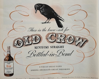 1946 Old Crow Kentucky Bourbon Whiskey Vintage Advertisement Bar Decor Man Cave Decor Game Room Decor Vintage Bourbon Magazine Ad Unique Art