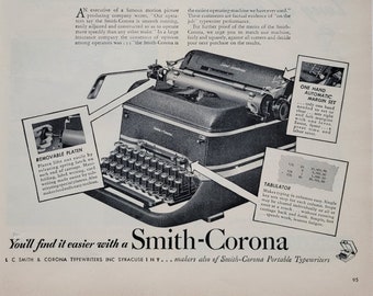 1946 Smith Corona Typewriter Ad: Vintage Office Wall Art Magazine Print Advertisement