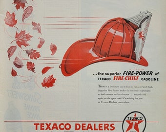 1946 Texaco brandweercommandant benzine Vintage advertentie brandweerman kunst Automotive Wall Art Man Cave Decor originele tijdschrift afdrukken Ad Ephemera