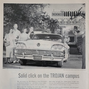 Pubblicità dell'auto Buick B-58 del 1957: decorazioni automobilistiche d'epoca, campus della USC, pubblicità stampata su rivista, automobilia