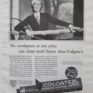 Anúncio de creme dental Colgate Dental Cream de 1933: Arte vintage para consultório odontológico, decoração de banheiro, anúncio de revista.