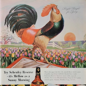 1946 Schenley Reserve Whiskey Vintage Advertisement Bar Decor Lounge Decor Magazine Ad Rooster Decor Unique Art Man Cave Decor Game Room Art