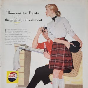 1957 Pepsi Cola Vintage Advertisement Kitchen Wall Art Diner Decor Americana Unique Art Vintage Pepsi Ad Retro Soda Magazine Ad Bowling