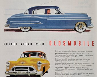 1950 Oldsmobile 98 Car Ad: Vintage Automotive Man Cave Decor, Automobile Magazine Advertisement, Automobilia
