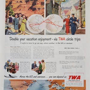 1950 TWA Trans World Airlines Vintage Advertisement Airplane Wall Art Airport Decor Travel Magazine Print Ad Pilot Gift Vintage Airline Ad