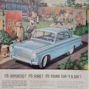 1959 English Ford Line Ford Anglia Automobile Vintage Advertisement Automotive Wall Art Man Cave Decor Classic Car Magazine Ad Automobilia