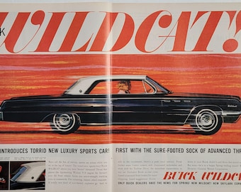1962 Buick Wildcat Car Ad: Vintage Automotive Man Cave Wall Art, Magazine Print Advertisement