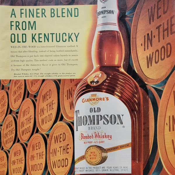 1950 Old Thompson Blended Whiskey Vintage Advertisement Bar Wall Art Lounge Decor Vintage Magazine Ad Vintage Glenmores Kentucky Whiskey Ad