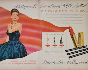 1946 Max Factor Hollywood Lipstick Maureen O'Hara Vintage Advertisement Beauty Salon Decor Makeup Cosmetics Ad Bathroom Decor Magazine Ad