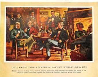 May include: A vintage advertisement for Old Crow Kentucky Straight Bourbon Whiskey. The ad features a painting of a group of men gathered around a table in a tavern, enjoying a bottle of Old Crow. The text highlights the history of the brand and its two available proof options: 86 proof and 100 proof bottled in bond.