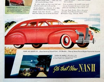 1938 1939 Nash Automobile Vintage Advertisement Automotive Wall Art Classic Car Man Cave Decor Original Magazine Print Ad Automobilia