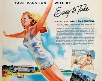 Anúncio de ônibus Greyhound de 1947: anúncio impresso de revista de viagens vintage