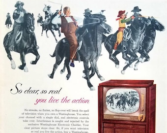 1952 Westinghouse TV Ad: Vintage Man Cave Decor, Television Magazine Print Advertisement, Western Theme