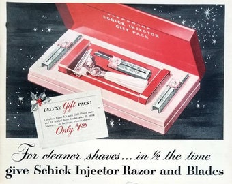 1952 Schick Injector Razor & Blades Vintage Advertisement Bathroom Wall Art Barber Shop Decor Original Magazine Ad Unique Art Shaving Art