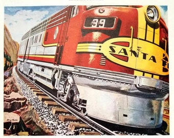 1951 GM Locomotive Ad: Vintage Railroad Wall Art, Train Decor, Santa Fe Railroad