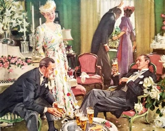 1947 Beer Ad: Vintage Bar Wall Art, John Gannam "After the Wedding" Magazine Print Advertisement