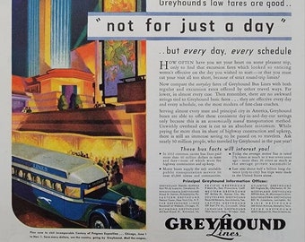 Anúncio de ônibus Greyhound de 1933: Decoração vintage para agência de viagens, arte de parede Art Déco, anúncio de revista.