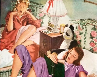 1948 Pacific Sheets Ad: Vintage Bedroom, Hotel Decor Magazine Print Advertisement, John Gannam Art