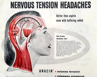 1959 Anacin Ad: Vintage Pharmacy Decor Magazine Print Advertisement, Doctor Office Art