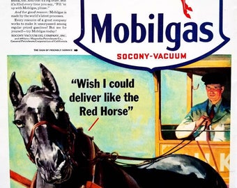 Reklama Mobilgas Vintage z 1941 r. Wystrój samochodu Sztuka ścienna w garażu Dekoracja jaskini człowieka na stacji benzynowej Oryginalny magazyn Reklama drukowana Unikalna sztuka konia