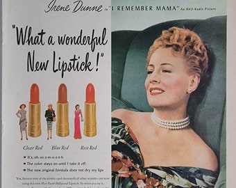 1947 Max Factor Hollywood Lipstick Ad: Vintage Bathroom Decor Magazine Print Advertisement, Irene Dunne