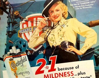 1952 Chesterfield Cigarettes Vintage Advertisement Lucille Norman Bar Decor Game Room Man Cave Decor Original Magazine Print Ad Tobacco Art