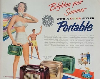 1951年GEポータブルラジオ広告：ヴィンテージミュージックルーム装飾