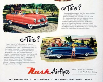 1950 Nash Airflyte Vintage Advertisement Automotive Wall Art Classic Car Ad Man Cave Decor Original Magazine Print Ad Automobilia Unique Art