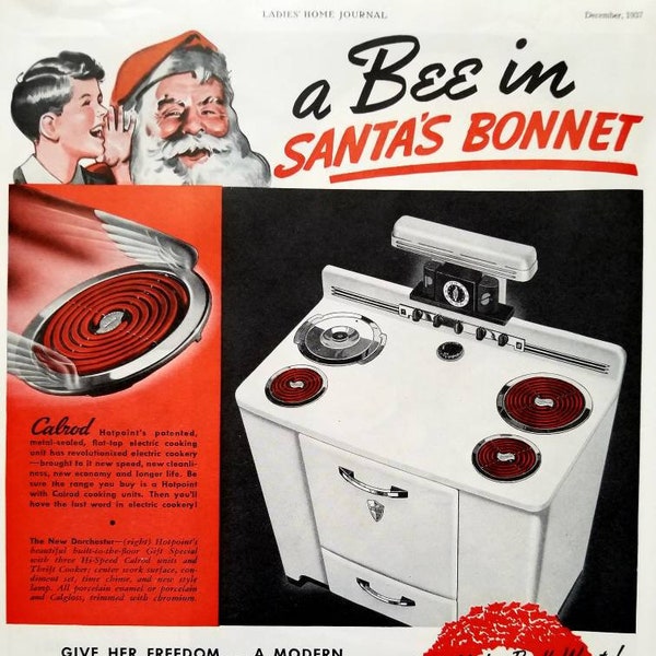 1937 Hotpoint Electric Range Vintage Advertisement Kitchen Wall Art Stove Ad Oven Ad Santa Claus Art Kitchen Decor Original Magazine Ad