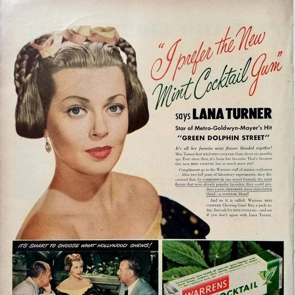 1947 Warrens Mint Cocktail Chewing Gum Vintage Advertisement Lana Turner Kitchen Wall Art Candy Store Decor Original Magazine Print Ad