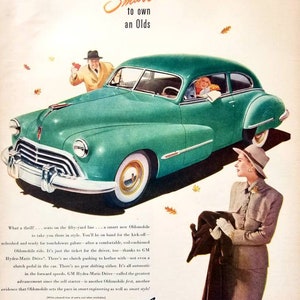 1947 Oldsmobile Club Sedan Automobile Vintage Advertisement Automotive Wall Art Garage Decor Original Magazine Print Ad Classic Car Art
